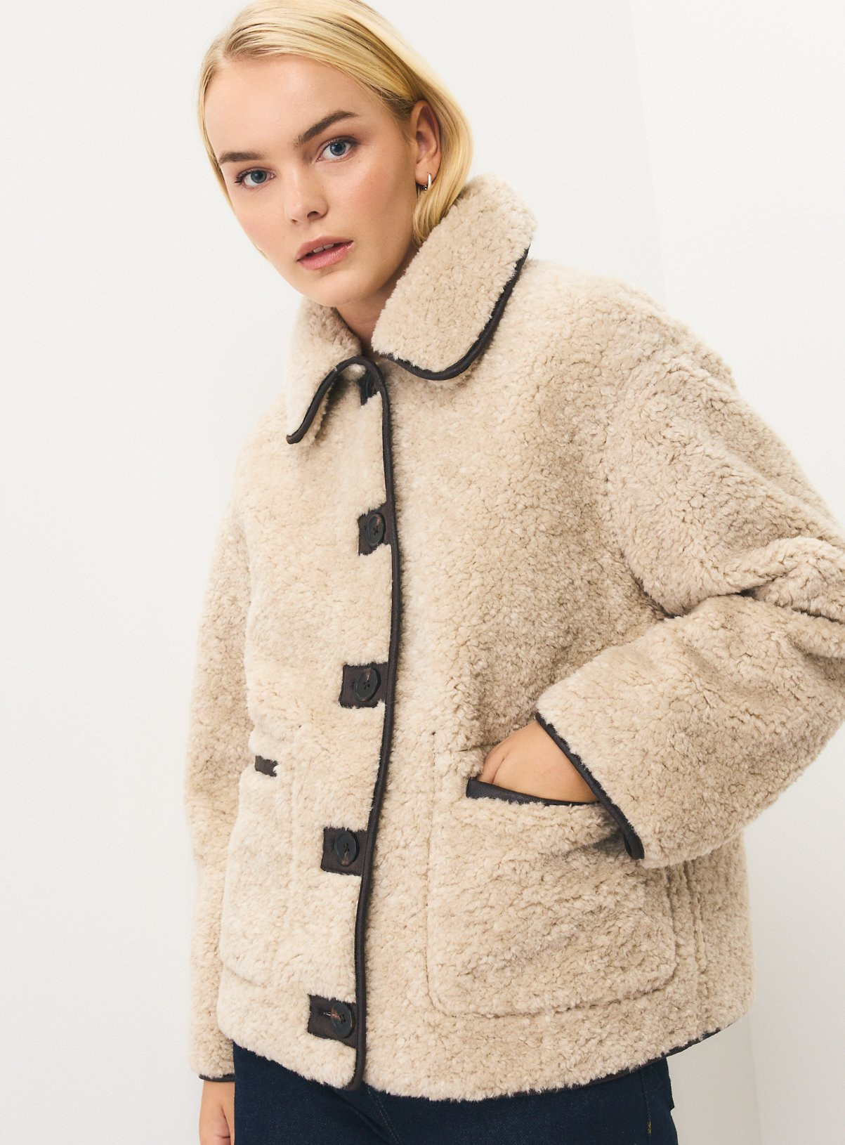 Cream Borg Fleece & Faux Leather Reversible Jacket XS | Tu Clothing