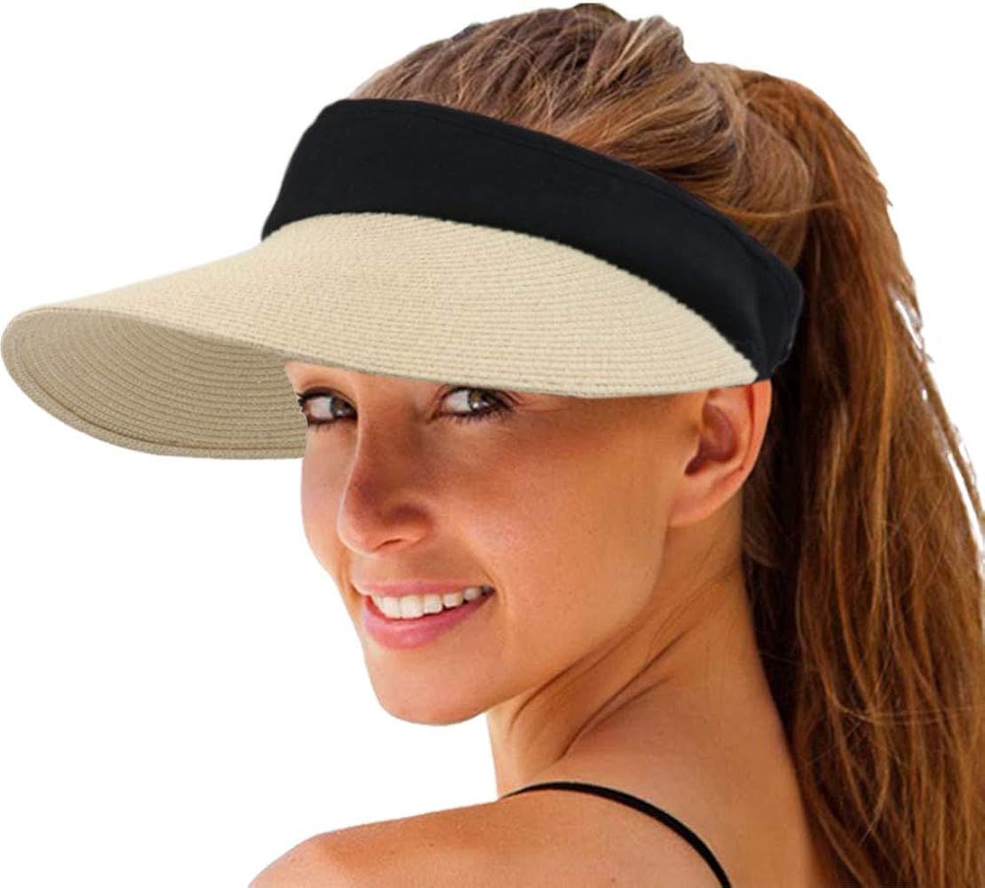 Women Straw Sun Visor Hat Wide Brim Summer UV Protection Beach Cap Foldable Packale Korean Style | Amazon (US)
