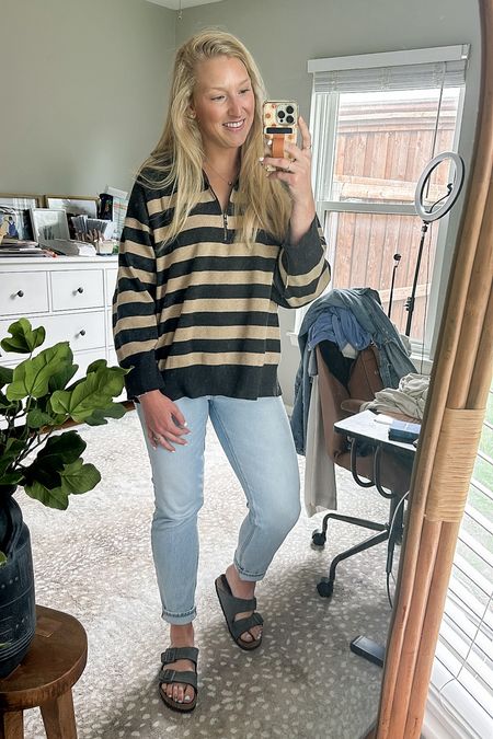 Cozy Spring Outfit inspo for my stripe loving casual girls! ✨ 

Wearing an XS here in the pullover sweater so definitely size down 2 in this one! Jeans are a 6 and fit TTS! 🙌🏼

#LTKshoecrush #LTKSeasonal #LTKfindsunder100