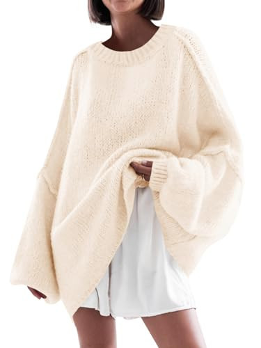 Saodimallsu Womens Oversized Sweater Chunky Crew Neck Long Lantern Sleeve Knit Fall Trendy Tunic Sweaters Top Beige | Amazon (US)