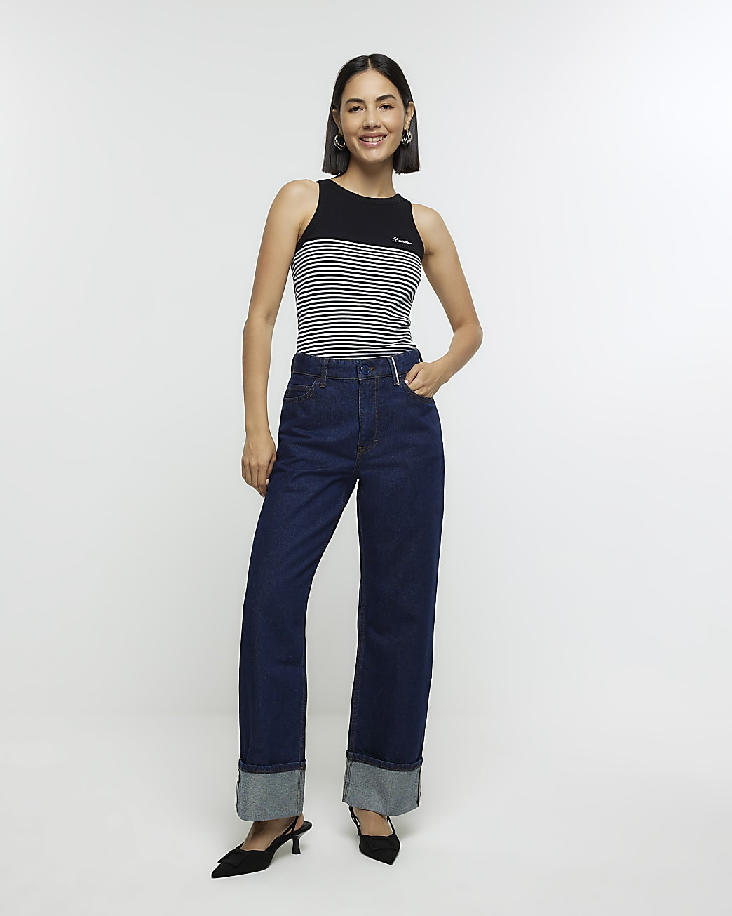 Blue high waisted wide leg turn up jeans | River Island (UK & IE)