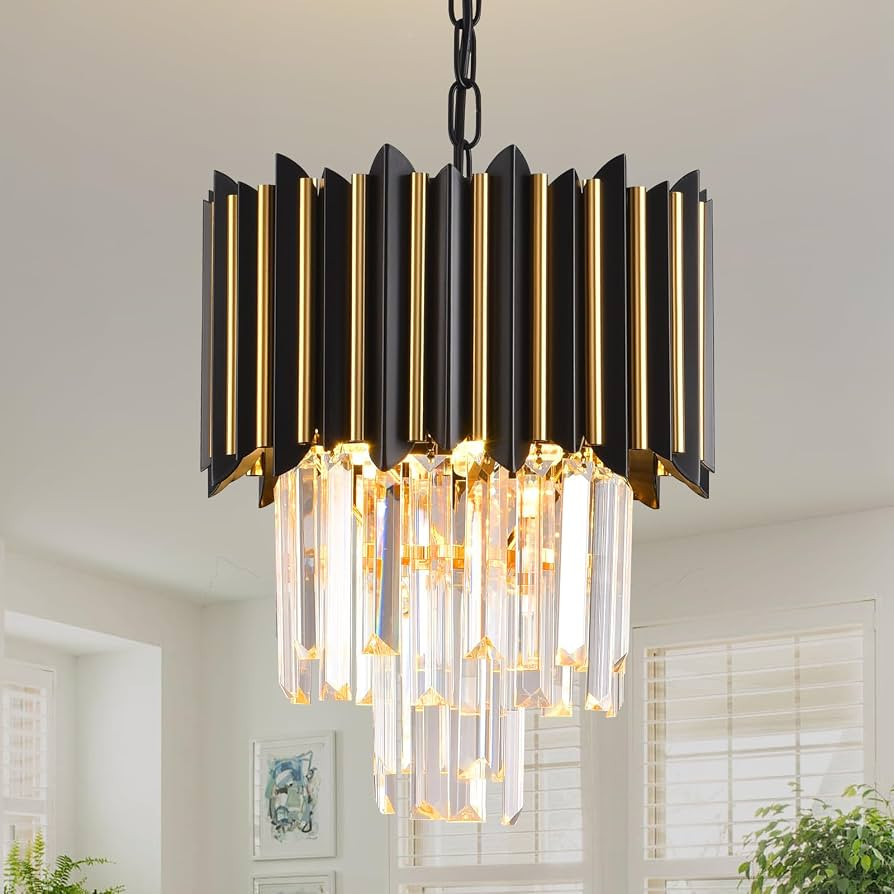 Black and Gold Chandelier Gold Modern Crystal Chandelier Light Fixtures Dining Room Chandelier 3-... | Amazon (US)