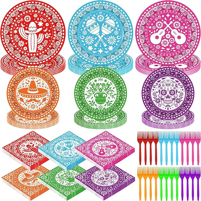 96 Pcs Cinco De Mayo Decorations, Disposable Fiesta Plates and Napkins Sets, Colorful Mexican Dec... | Amazon (US)