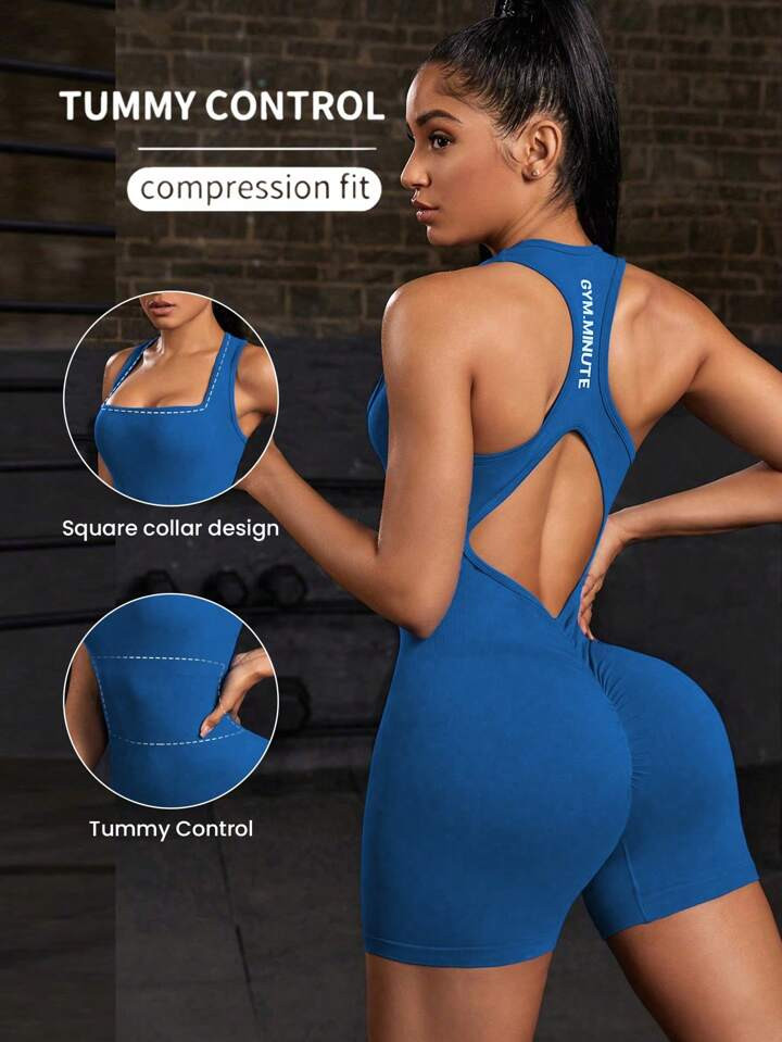 SHEIN Sport Studio Enterizo Deportivo Con Corte Ajustado Y Letras Impresas Y Espalda Hueca | SHEIN