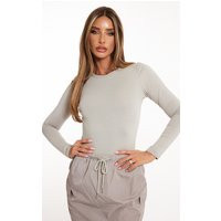 Moss Grey Cotton Long Sleeve Bodysuit | PrettyLittleThing CAN