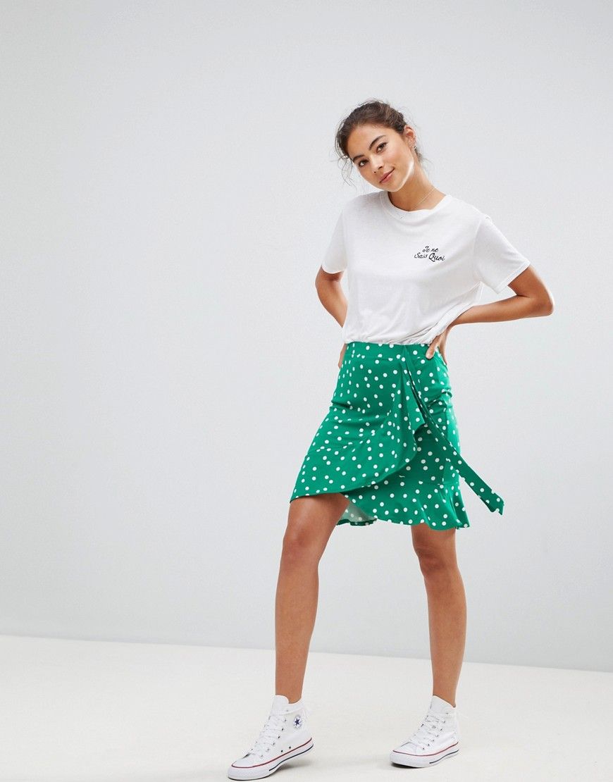 ASOS DESIGN mini wrap skirt in polka dot print - Green | ASOS US