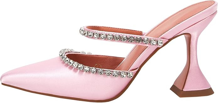 VETASTE Women's Pointed Toe Strappy Heels Crystal Satin Heeled Mules Wedding Party Shoes | Amazon (US)