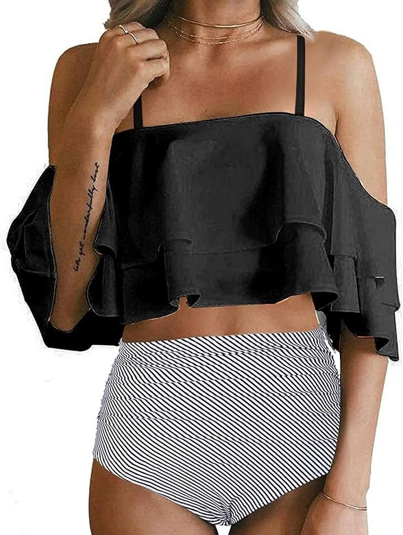 Tempt Me Women Two Piece High Waisted Bikini Set Swimsuit Tummy Control Bottoms Ruffle Off Shoulder  | Amazon (US)