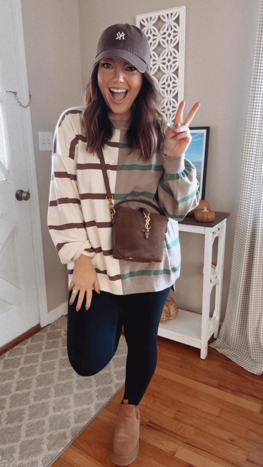 THE FIT: striped oversized sweater long enough to wear with leggings 🙌🏻 add a baseball hat and uggs for a casual yet put together look!

TIP: sweater runs slightly oversized, but I kind of wished I sized up one for a little more room! just a personal preference 🙃

link in bio for details 🤎 @shop.ltk

.
.
.

#ootd #styletip #styleinspo #falloutfit #sweaterweather #leggingsstyle #uggs #casualoutfit #amazonfashion #founditonamazon #teamltk #ltk 

#LTKFindsUnder50 #LTKSeasonal #LTKStyleTip