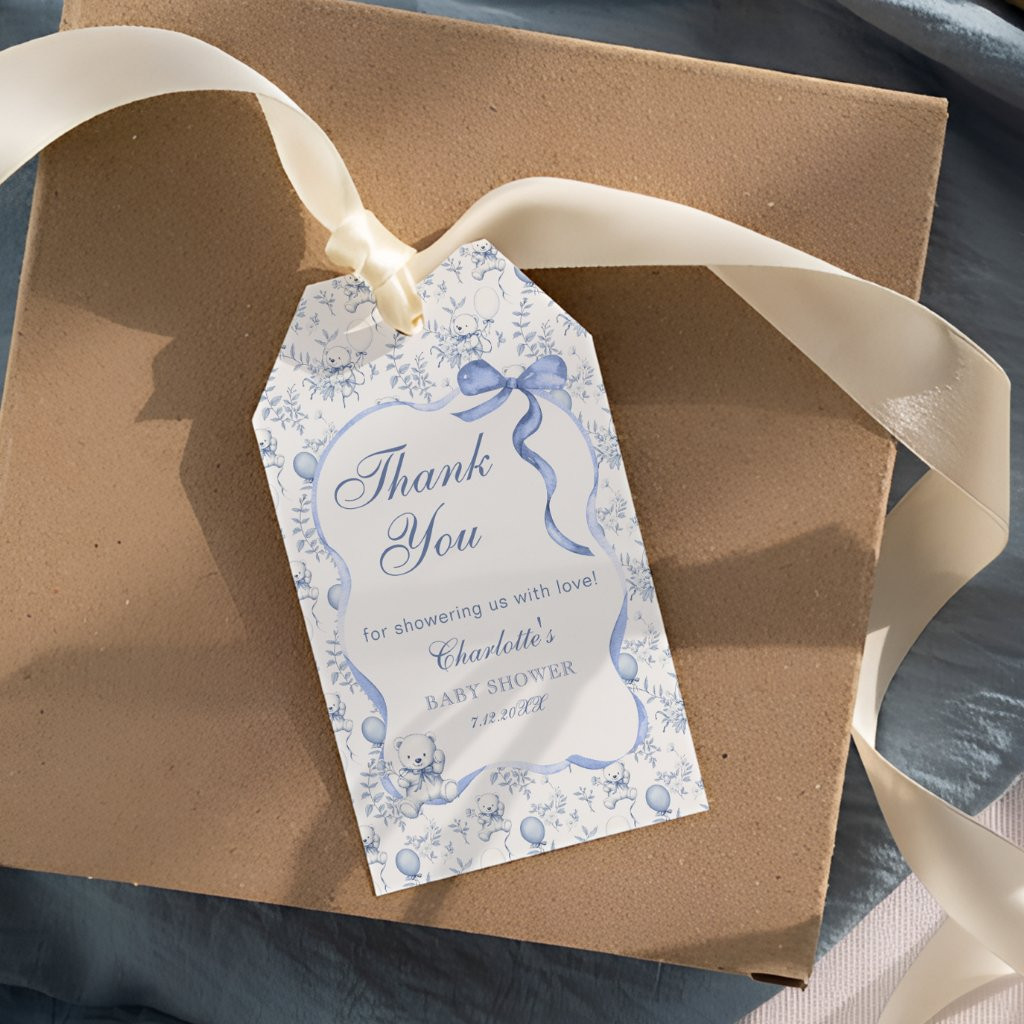 Teddy Bear Toile Baby Shower Thank You Gift Tag | Zazzle