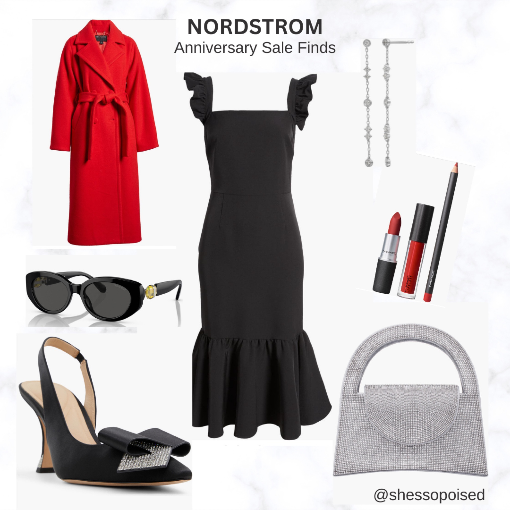 Unique pieces from the Nordstrom Anniversary Sale - glam up a basic black dress. Rhinestones decorate the heels of these Ted Baker pumps. The Swarovski sunglasses are super chic. A red lip is always classic for evening . The lip trio is MAC - beauty exclusive for the sale  

#LTKxNSale #LTKStyleTip #LTKOver40