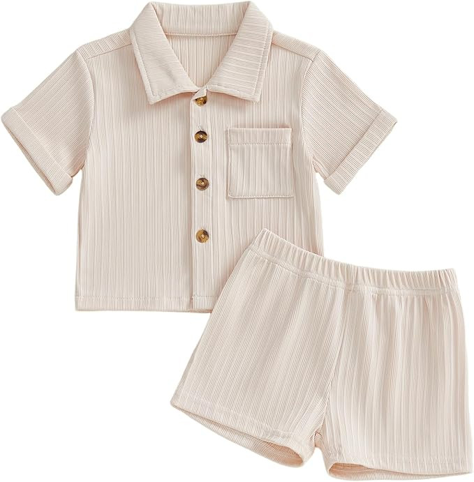 fhutpw Baby Boy Clothes Toddler Infant Leisure Ribbed Button Down Shirt Tops + Shorts Set 2PCS Su... | Amazon (US)