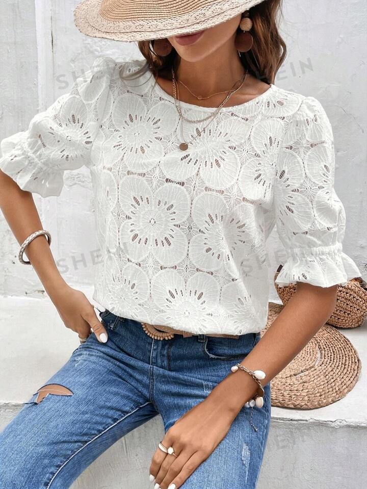 SHEIN Frenchy Eyelet Embroidery Puff Sleeve Blouse | SHEIN