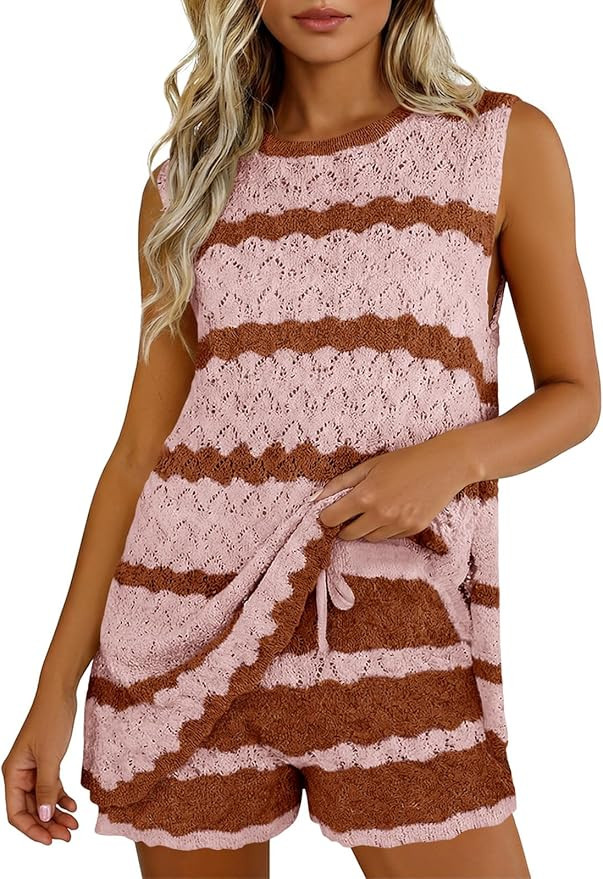 Fisoew Womens Crochet Swimsuit Coverup Sets Sleeveless Tank Tops Drawstring Shorts Sets Summer Be... | Amazon (US)