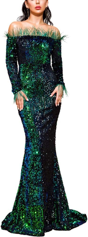 Lin Lin Q Sexy Off Shoulder Feather Long Sleeve Sequin Floor Length Evening Maxi Dress | Amazon (US)