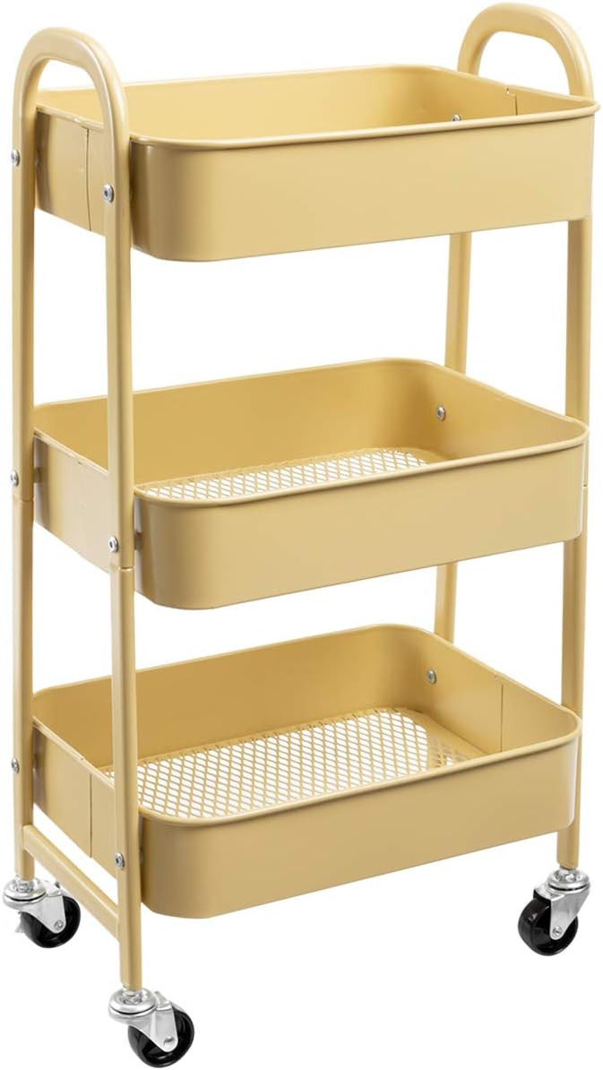 AGTEK Makeup Cart, Movable Rolling Organizer Cart, Khaki Yellow 3 Tier Metal Utility Cart | Amazon (US)