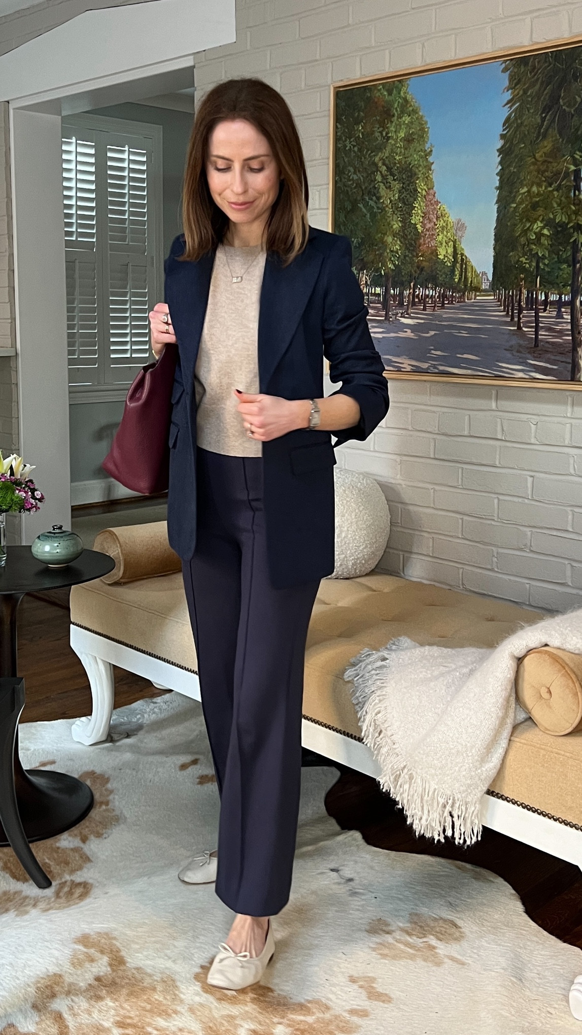 Office outfit of the week, what to wear to work 
Beige cashmere shirt jcrew 
Navy kick flare pant STAUD
Beige/eggshell ballet flat, old Sam Edelman 
indigo blazer banana republic old 

#LTKworkwear #LTKstyletip