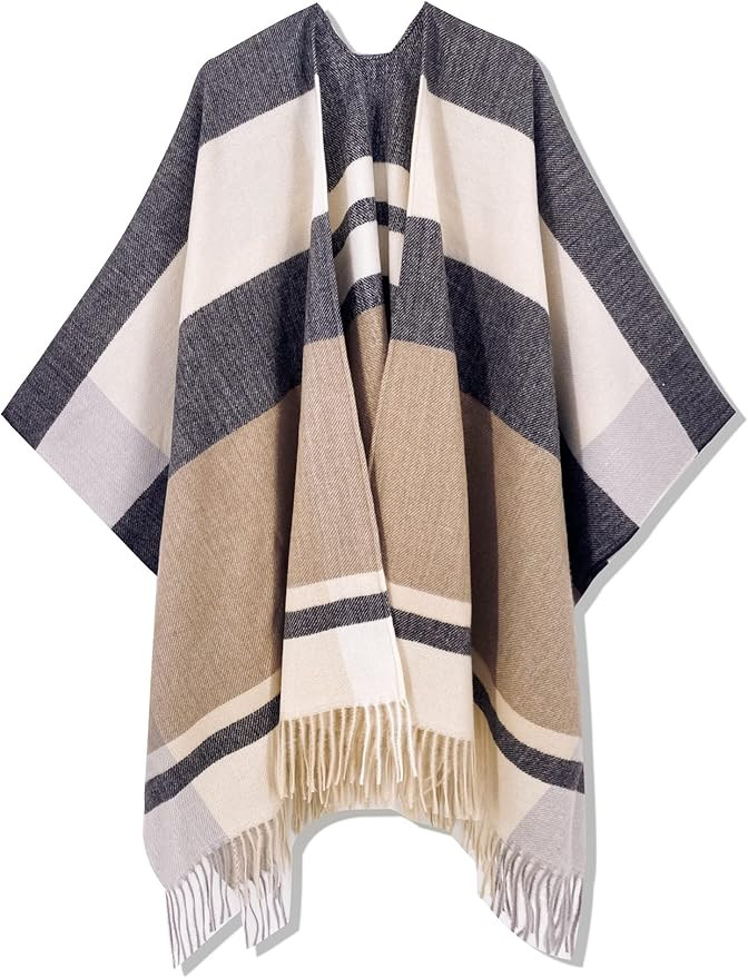 Moss Rose Women's Travel Plaid Shawl Wrap Open Front Poncho Cape for Fall Winter | Amazon (US)