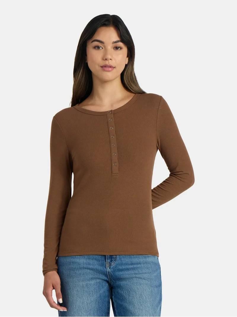 Time and Tru Women's Ribbed Henley Shirt with Long Sleeves, Sizes XS-XXXL | Walmart (US)