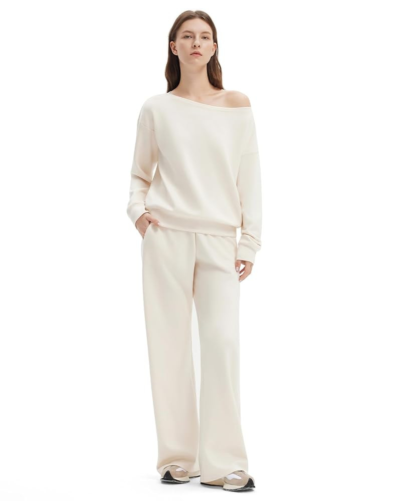 SUUKSESS Women 2 Piece Lounge Matching Set Off Shoulder Sweatshirt Wide Leg Sweatpant | Amazon (US)