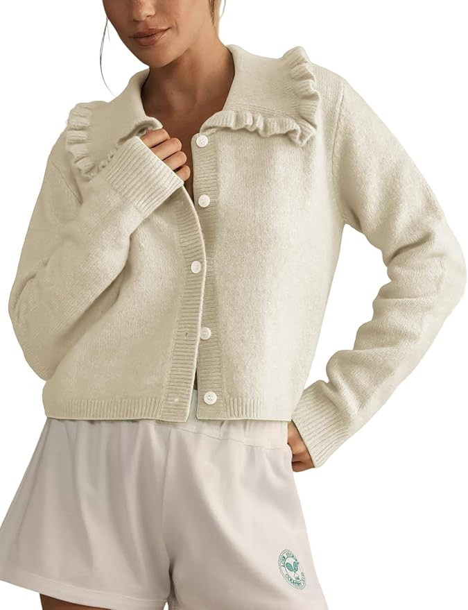 Yimoon Ruffle Collar Cardigan Sweater for Women Open Front Button Down Long Sleeve Cute Cropped K... | Amazon (US)