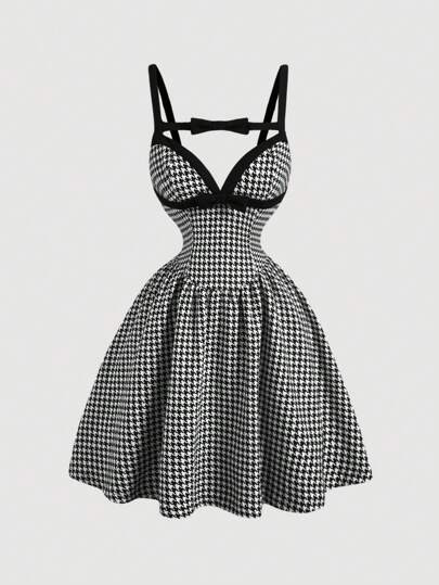 SHEIN MOD Ladies Contrast Color Bow Decoration Chic Elegant Camisole Dress, Black And White Check... | SHEIN
