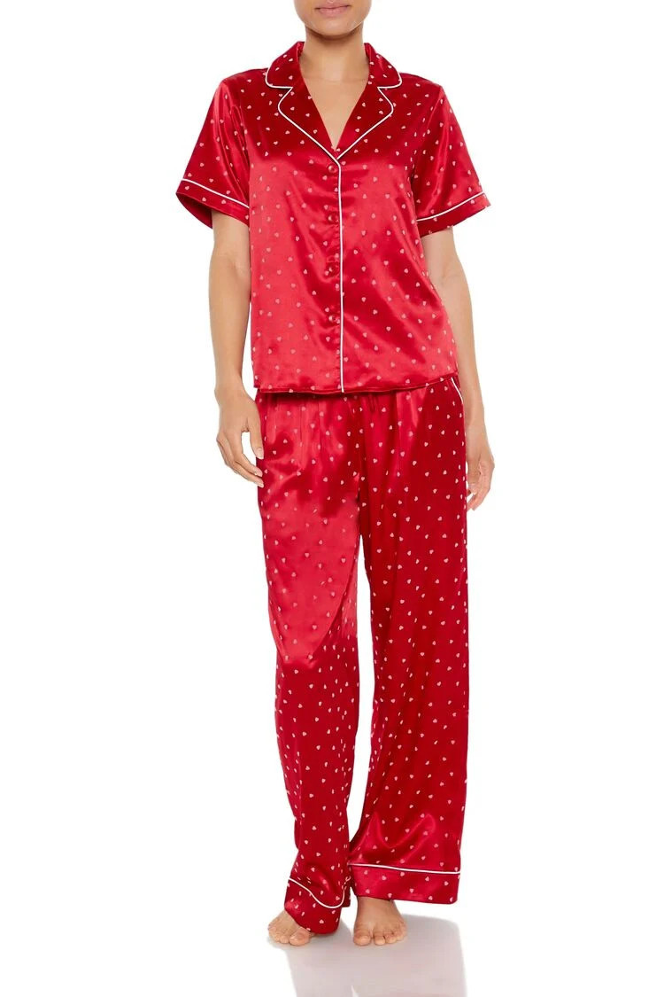 Heart Print Pajama Shirt & Pants Set | Forever 21