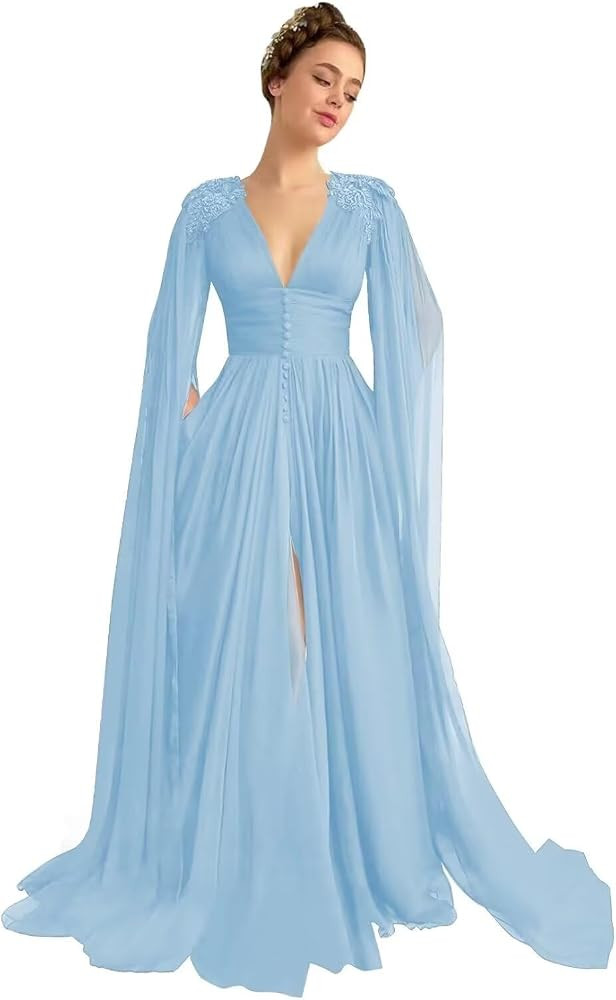 Women's Tulle Prom Dresses with Cape V Neck Lace Applique Ball Gowns Long Slit Formal Evening Dre... | Amazon (US)