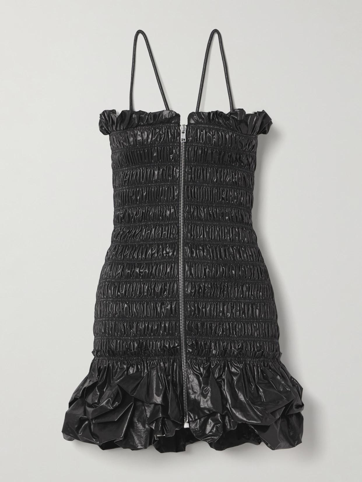 Isabel Marant - Daily Ruched Ruffled Coated Cotton-blend Mini Dress - Black | NET-A-PORTER (US)