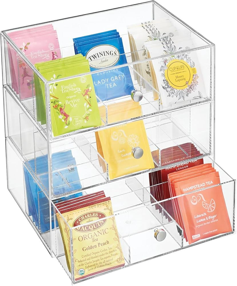 mDesign Plastic Tea Bag Caddy Box Storage Container Organizer Holder with 3 Drawers - for Kitchen... | Amazon (US)