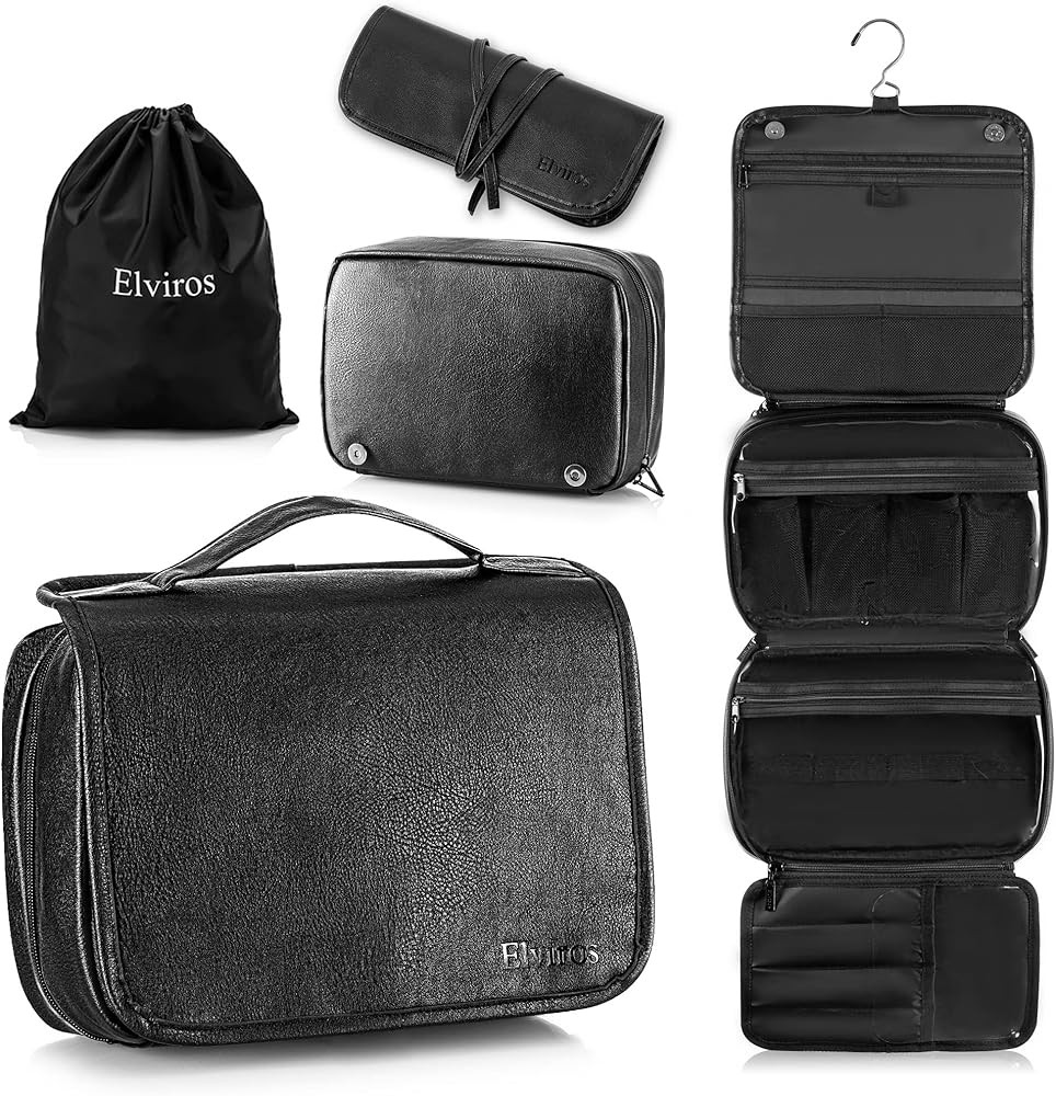 Elviros Hanging Toiletry Bag PU leather Black | Amazon (US)