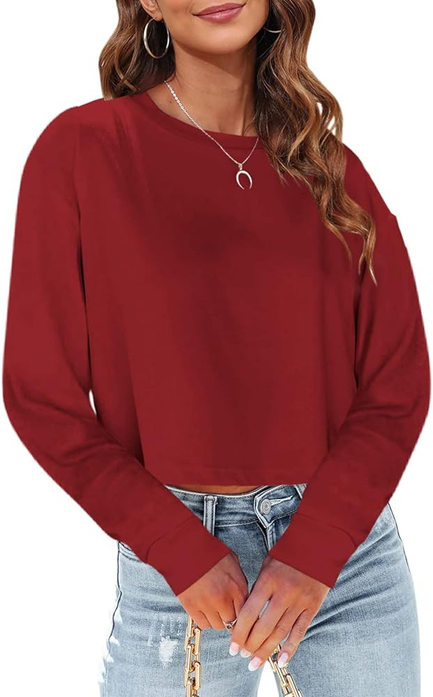 Tankaneo Womens Long Sleeve Crop Tops Loose Fit Fall Cropped Tshirt 2025 Crew Neck Casual Shirts | Amazon (US)