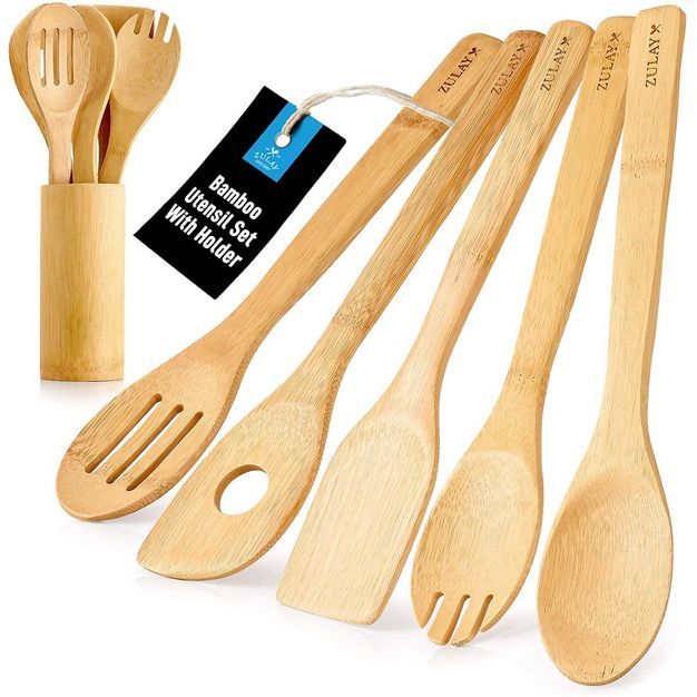 Zulay Kitchen 6-Piece Bamboo Cooking Utensils With Holder - Premium Wooden Cooking & Baking Utens... | Target