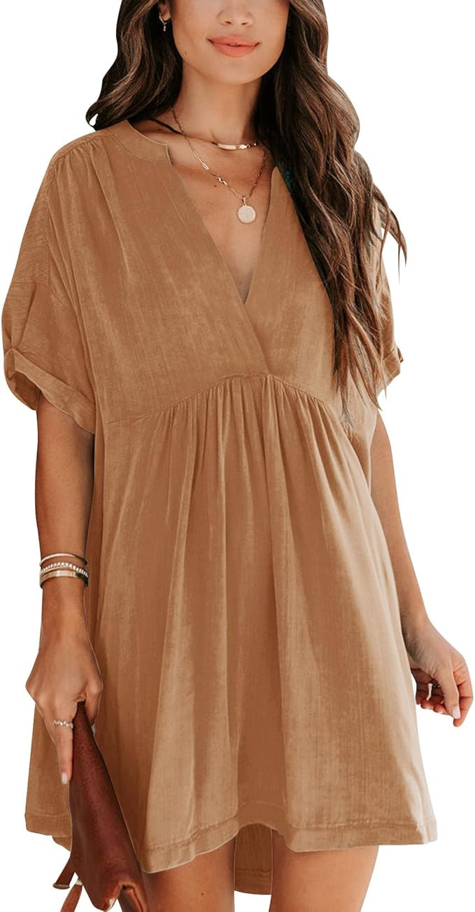 Minclouse Women's Babydoll Short Sleeve Tunic Dress V Neck Cute Casual Loose Dresses | Amazon (US)