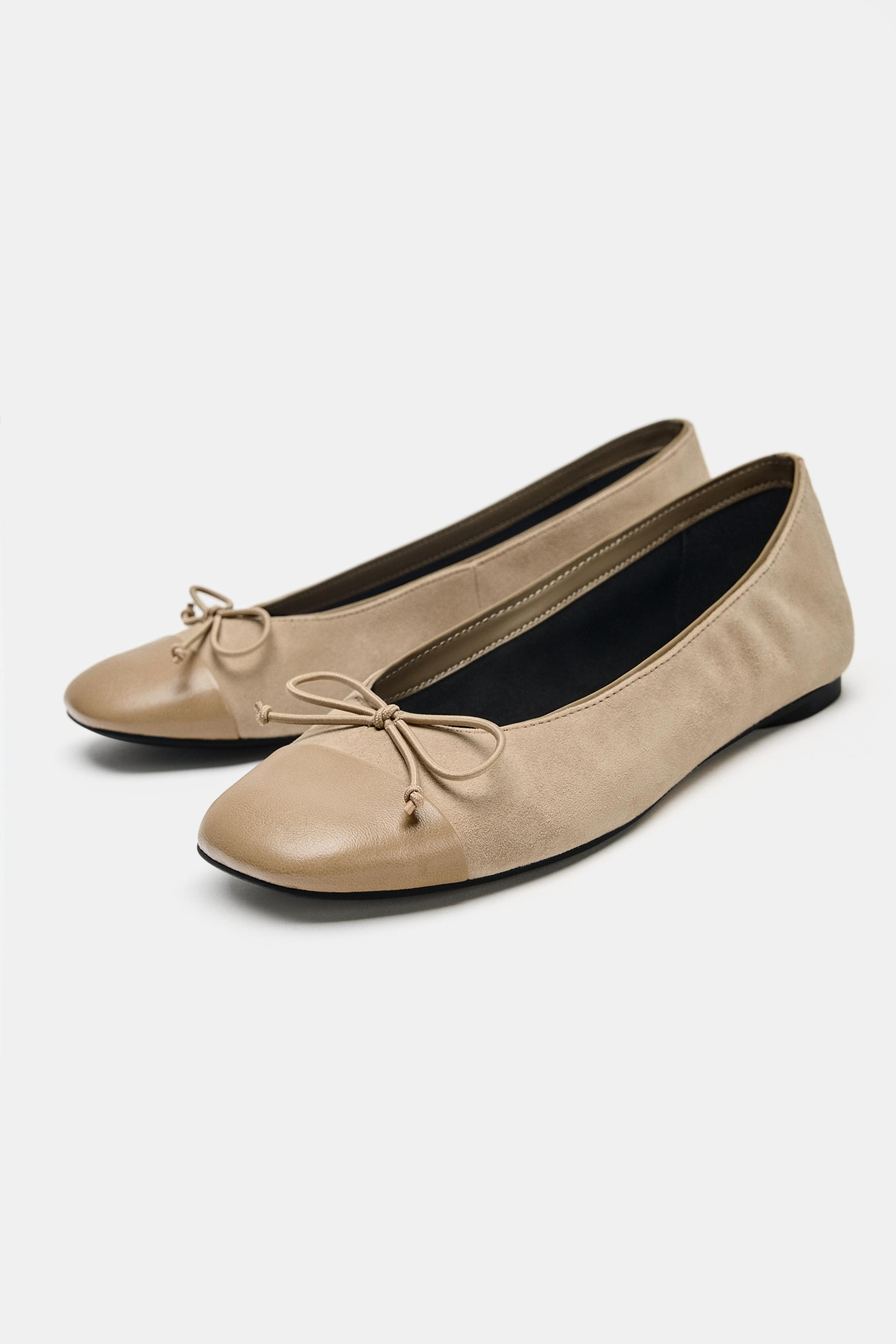 Zara - Contrast Leather Ballet Flats - Beige - 3 - Woman | Zara UK