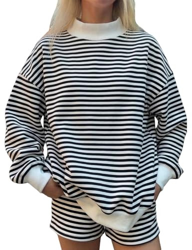 Wyeysyt Women's Striped Sweat Sets Mock Neck Sweatshirt and Shorts Matching Set 2 Piece Outfits Y... | Amazon (US)