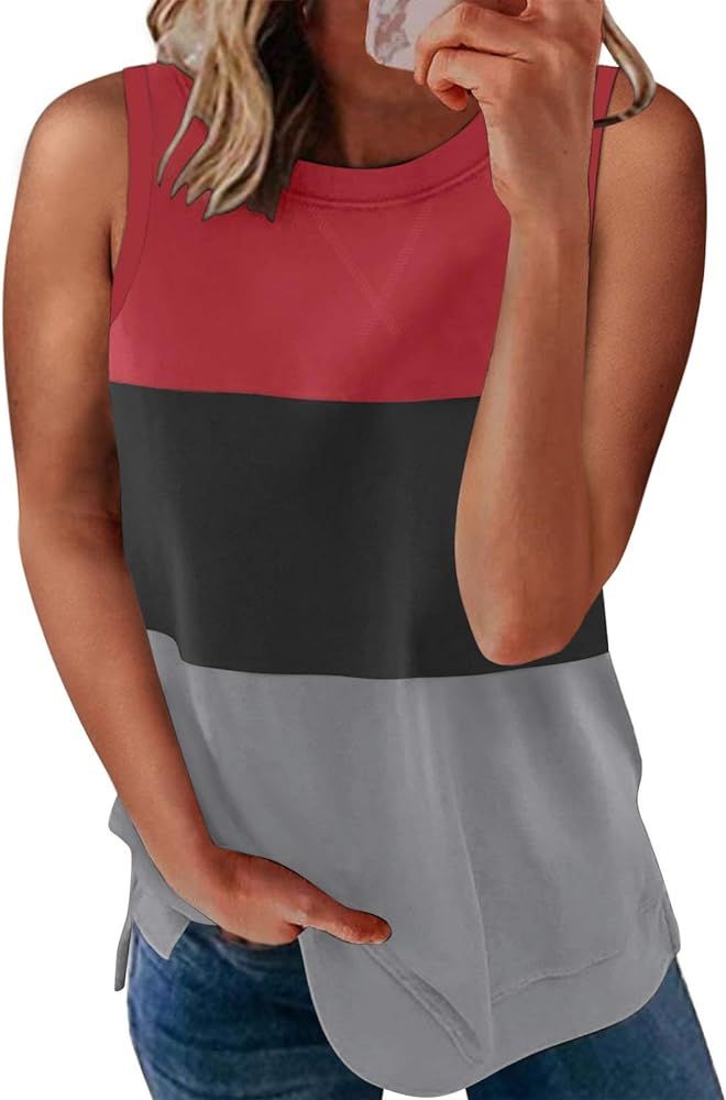 Actloe Women's Crewneck Basic Tank Tops Casual Loose Sleeveless Color Block Shirts | Amazon (US)