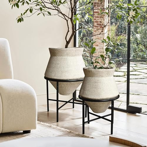 LuxenHome Planters for Indoor Plants, Set of 2 Indoor Plant Pots, Decorative Metal Planters with Stands, Distressed Cachepot Large Floor Flower Pot for Home Office, 13" & 16" Diameter, Sand Beige | Amazon (US)