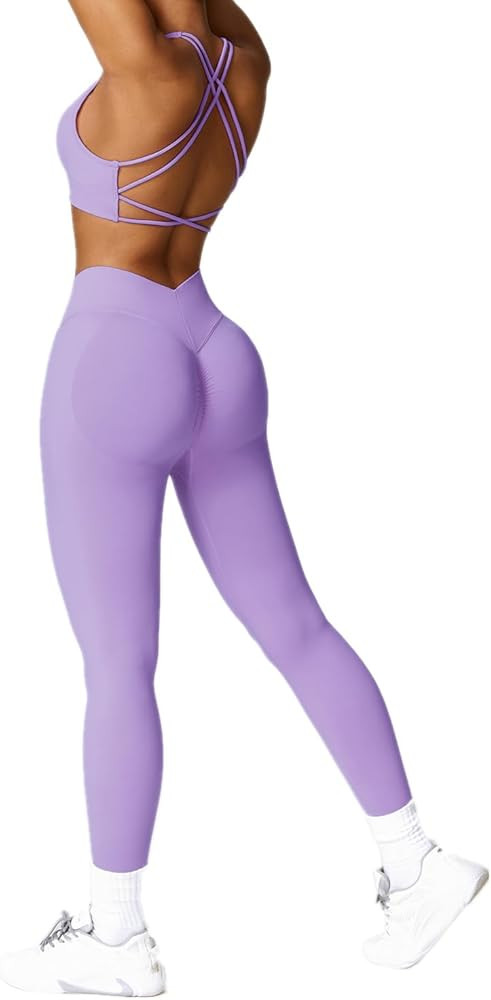 ABOCIW Womens Seamless Workout Sets Cross Back Sports Bra V Back Scrunch Butt High Waist Biker Sh... | Amazon (US)