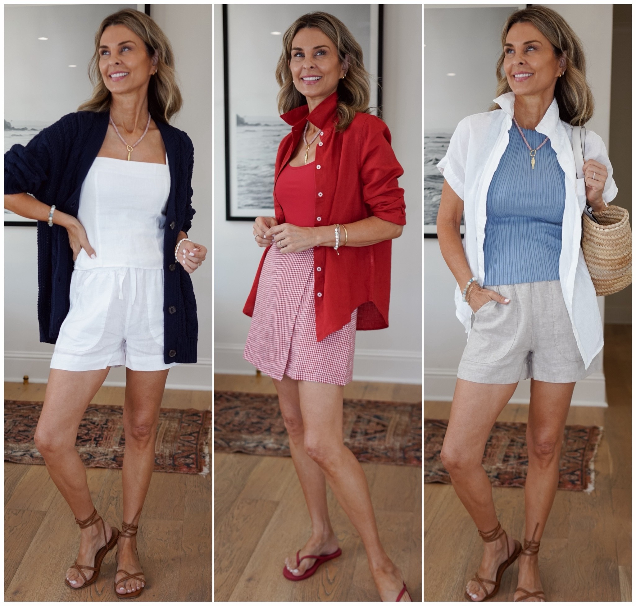 I’m 5’6’’. @Quince chic summer on a budget! 
-textured navy cardigan size XS
-white linen fitted tank size S
-linen shorts size XS
-red swimsuit size XS
-red gingham skirt size XS, size down for tighter fit
-white camp linen shirt size XS
-blue boatneck tank size XS

#quincepartner

#LTKootd #LTKOver40 #LTKSeasonal
