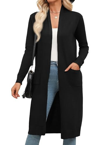 Zeagoo Women's Long Cardigan Sweaters Lightweight Cardigans Summer Classic Open Front Knit Shrug Sweater Coat with Pocket Black | Amazon (US)