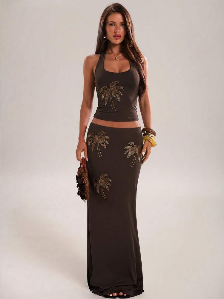 SHEIN BAE Brown Checkered Summer Y2k Beach Vacation Holiday Solid Waist Beaded Embroidered Maxi S... | SHEIN