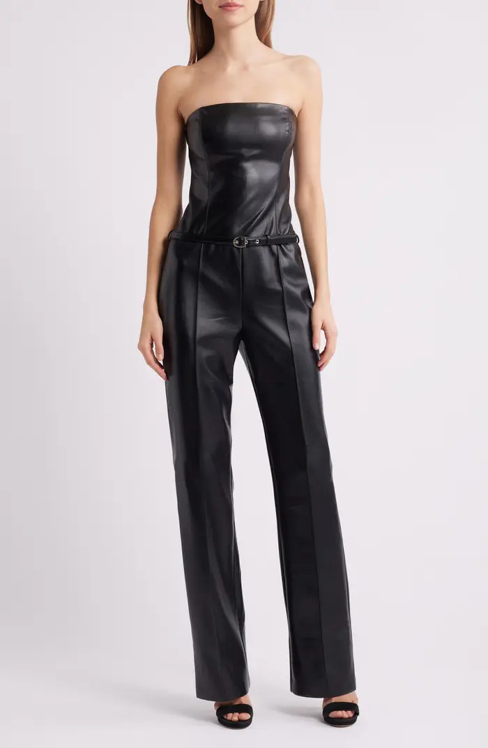 Amoret Belted Strapless Faux Leather Jumpsuit | Nordstrom