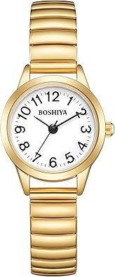 BOSHIYA Relojes de oro para mujer, delicado reloj dorado pequeño con correa elástica de acero i... | Amazon (US)