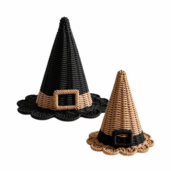 Woven Rattan Witch Hat Decor Set of 2, Gothic Scalloped Shaped Wizard Hat Ornament for Halloween ... | Walmart (US)