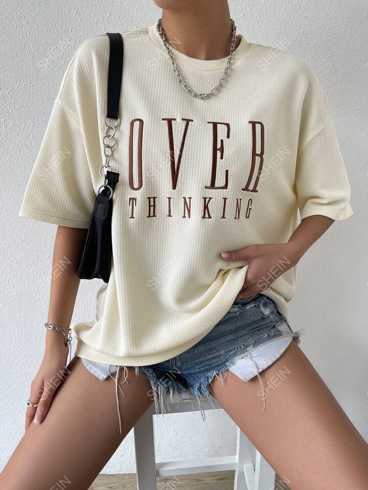 Letter Embroidery Drop Shoulder Tee | SHEIN