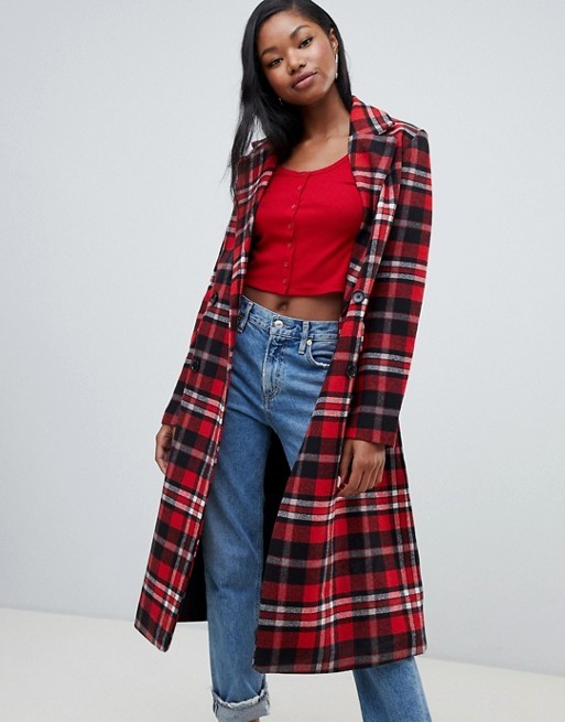 Bershka plaid long line car coat | ASOS US