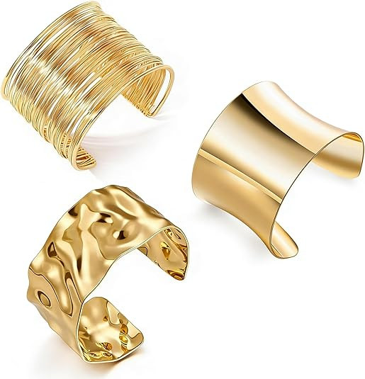 Amazon.com: Abiotp 3PCS Gold Chunky Cuff Bracelets for Women Irregular Minimalist Statement Bangl... | Amazon (US)