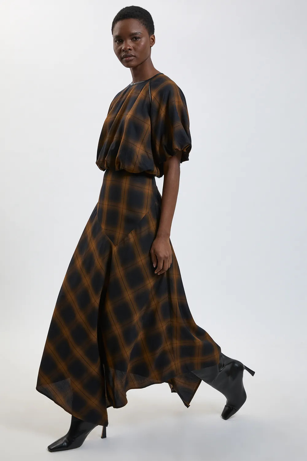 Check PU Trim Asymmetric Hem Midi Dress | Karen Millen