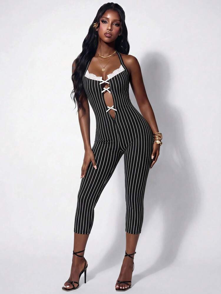 Amplova Cutout Bow Lace Trim Spaghetti Strap Tie-Up Bodycon Mini Romper Club Night Out Black And ... | SHEIN